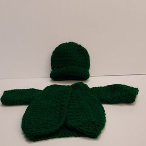 Handmade Green Knit Baby doll  Sweater and Hat Set